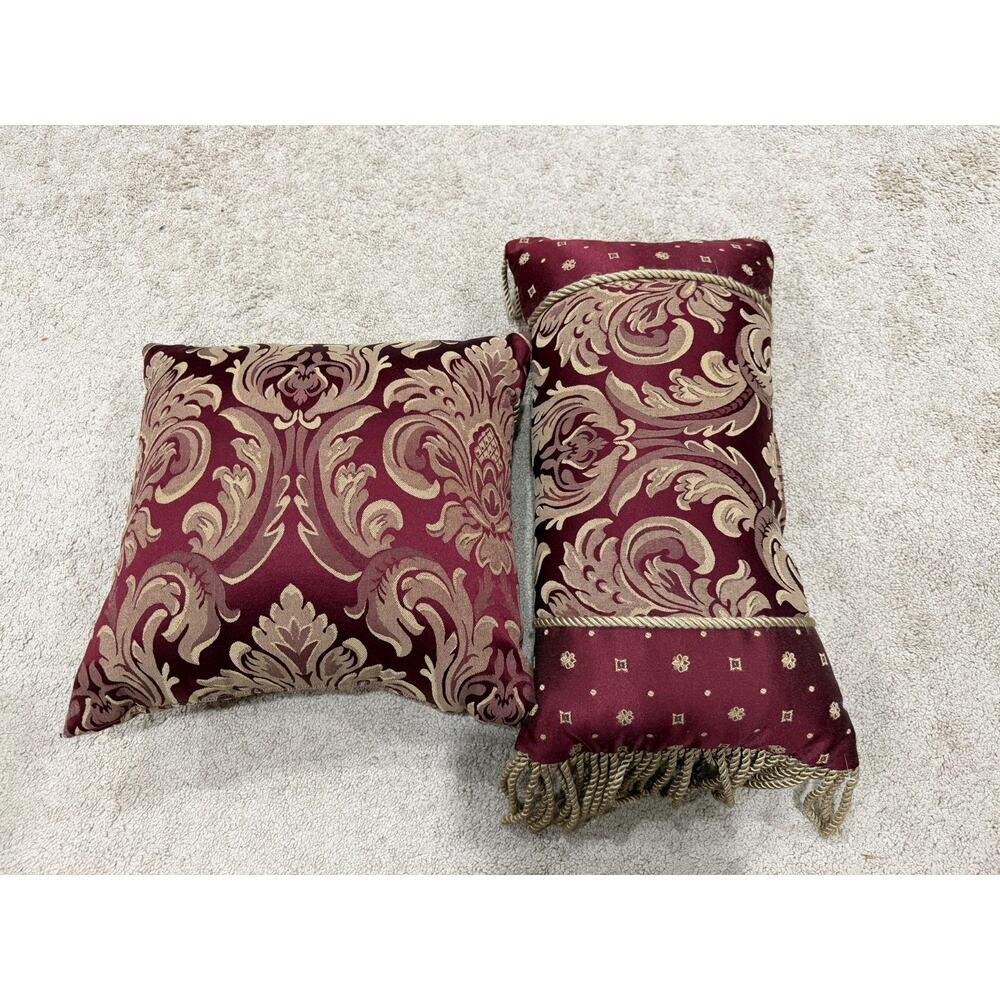 Croscill Burgundy Gold Bed Accent Pillow Set Tassel Fringe Damask Decorative - Picture 6 of 7